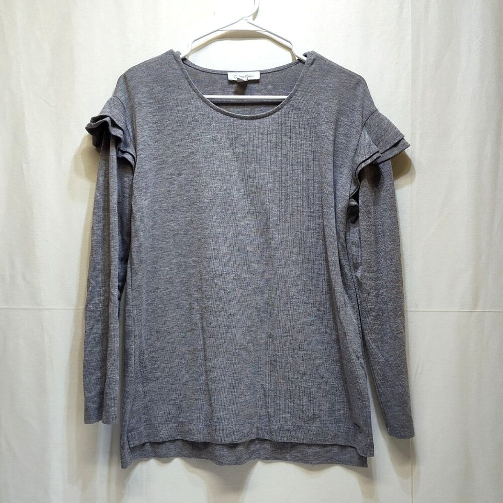 Calvin Klein Sweater Pullover Ruffle Shoulders Gray Knit Small Chest Measure 38"